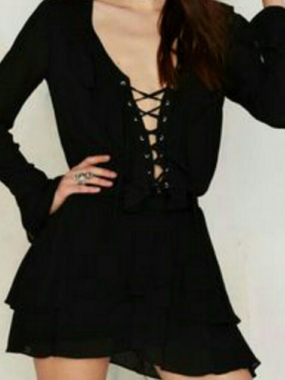Nasty Gal Honey Punch Whimsigoth Black Lace Up Bell Sleeve Witch Mini Dress M